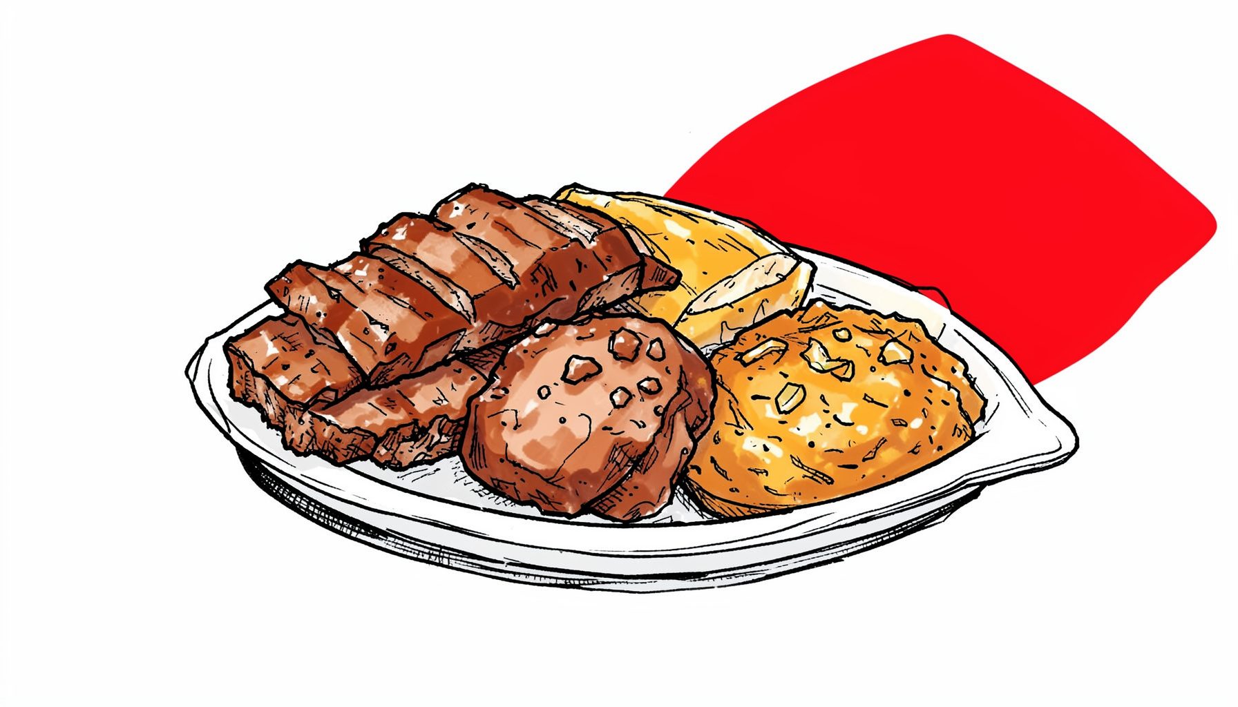Hand-drawn ink illustration of a combo meal platter with ribs, pulled pork, and two sides, warm amber and mahogany tones