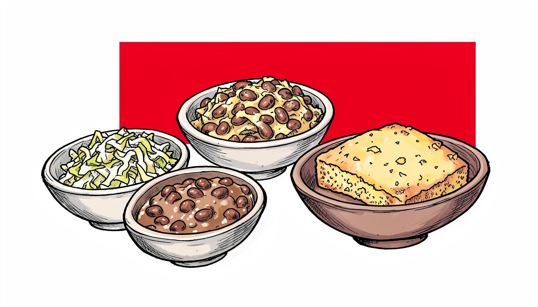 Hand-drawn ink illustration of fresh side dishes: coleslaw, baked beans, and cornbread in ceramic bowls, creamy golds and deep browns