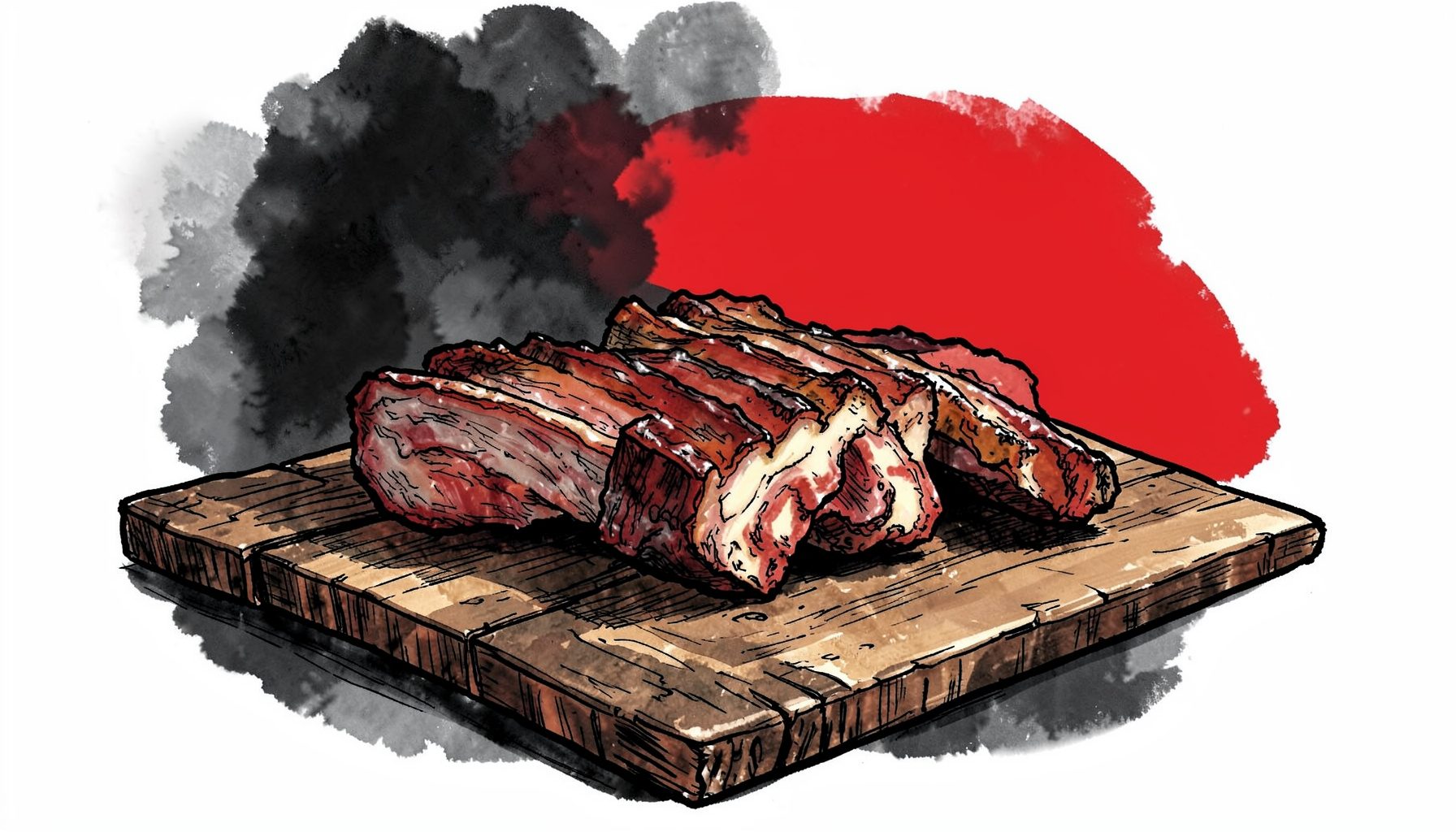 Hand-drawn ink illustration of hickory-smoked ribs and pulled pork on a rustic wooden board, rich browns and deep reds against a dark smoky background