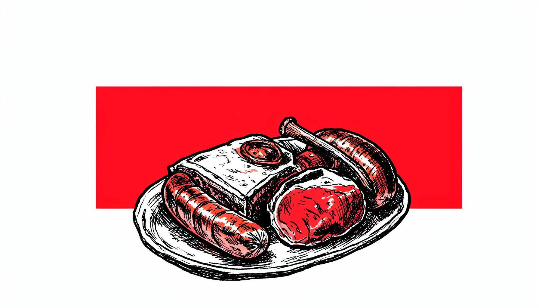 Hand-drawn ink illustration of a smoker with brisket, sausage, and pork shoulder, rich dark bark and smoke ring detail