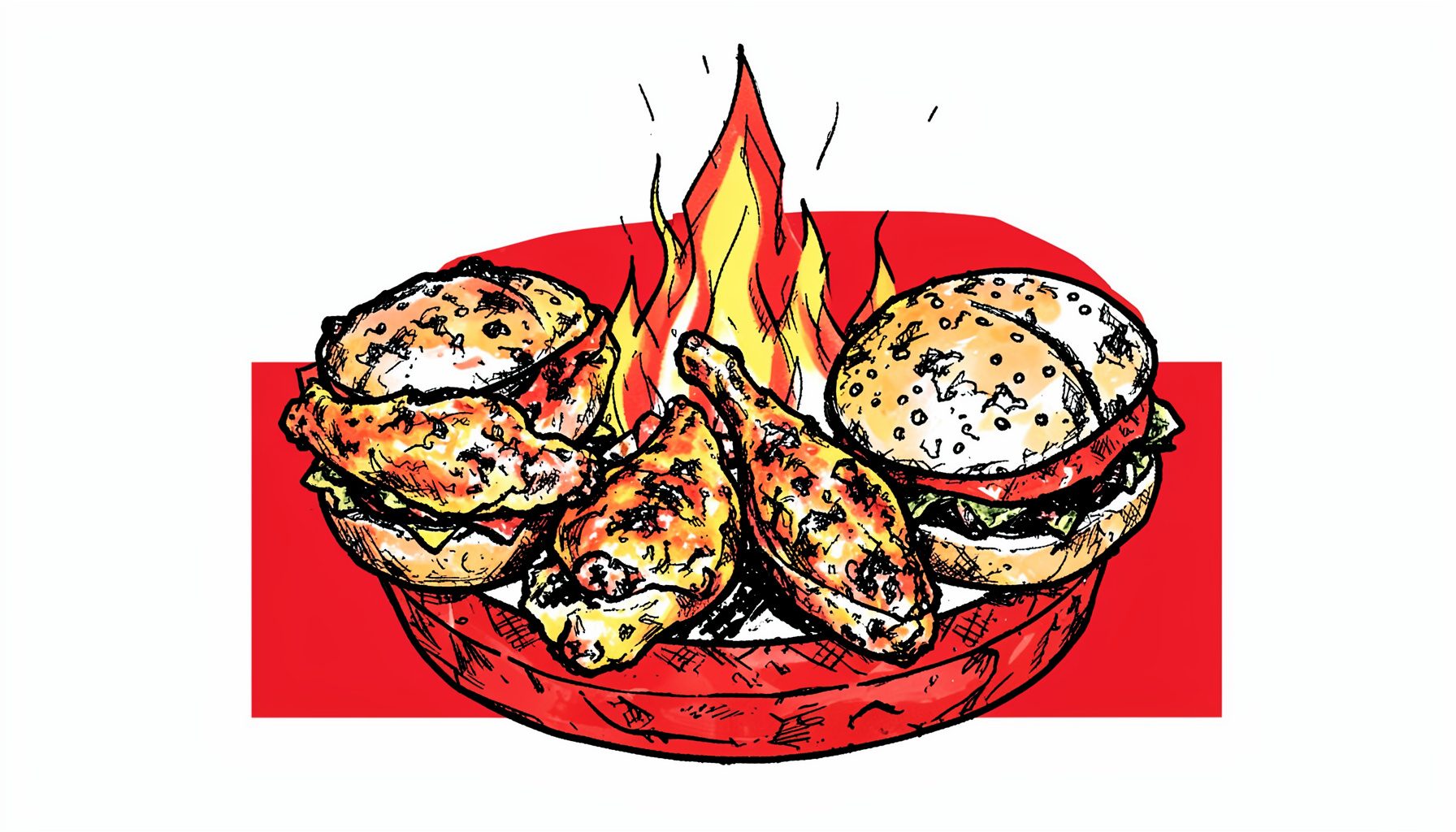 Hand-drawn ink illustration of grilled chicken wings and burgers over open flame, charred edges and golden sear marks