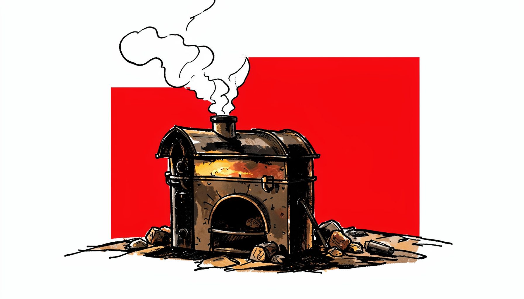 Hand-drawn ink illustration of a large barbecue smoker with hickory smoke curling upward, warm charcoal and amber tones against a dark background