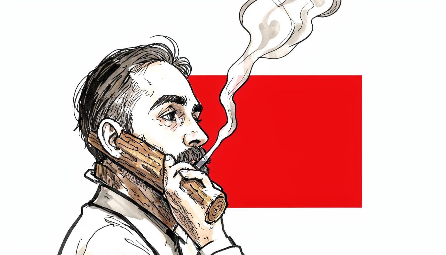 Hand-drawn ink illustration of a smoker with hickory wood and rising smoke, warm earthy browns and charcoal grays