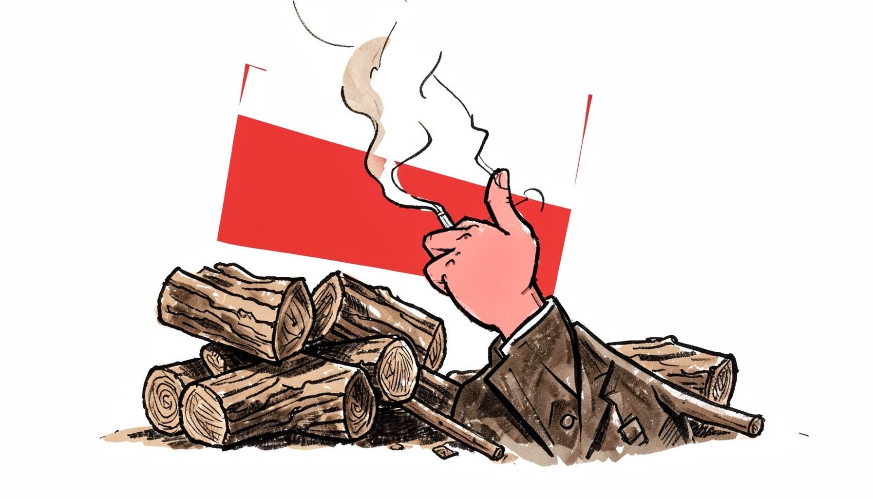 Hand-drawn ink illustration of a smoker with hickory logs and wisps of smoke, warm earthy browns and charcoal grays