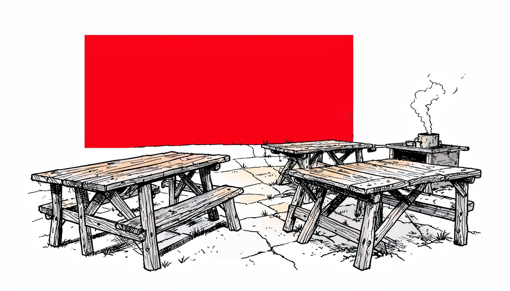 Warm evening light falling across a rustic outdoor barbecue setting with weathered wooden tables and the glow of a smoker in the distance